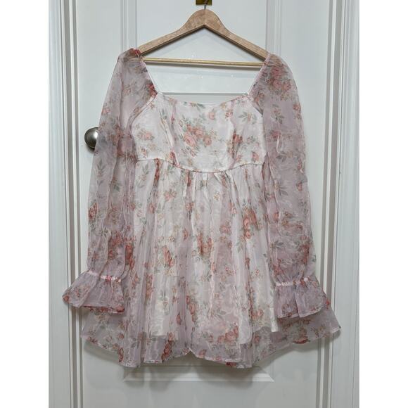 Floral Chiffon Mini Dress Pink White Puff Sleeve Babydoll Cottagecore M - Picture 8 of 16
